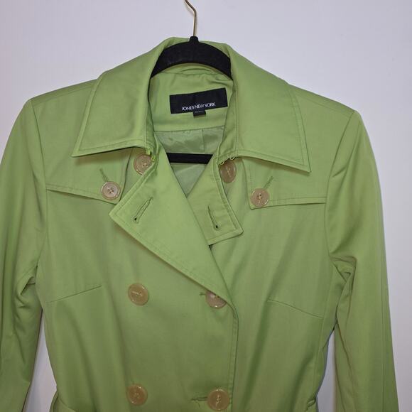 Jones New York Green Trench Rain Coat Double Breasted Belt Tie Size S Lined - Picture 2 of 8